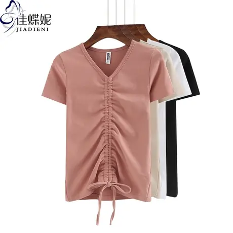 春夏T恤女V领新款抽绳设计短袖体恤打底衫内搭性感小心机纯显瘦图片