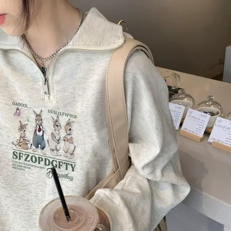 美式复古polo领半拉链卫衣女春秋季薄款宽松慵懒风chic设计感上衣商品大图