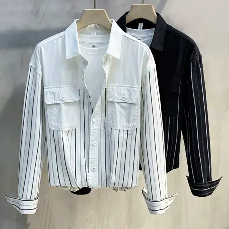 春秋款条纹复古日系条纹衬衫男士潮宽松休闲百搭衬衣长袖外套秋季商品大图