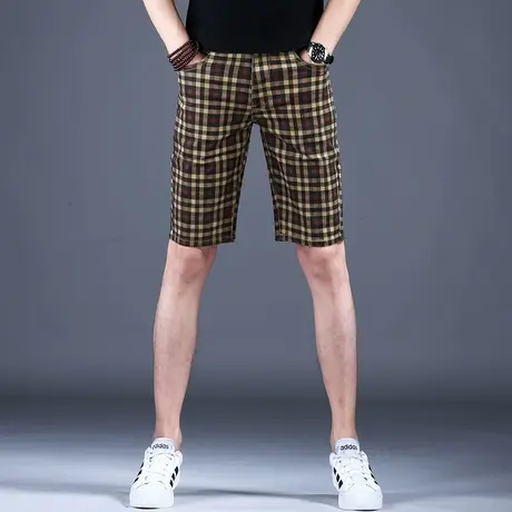 男士格纹卡其色休闲牛仔短裤男款秋款潮流2023新款高端修身裤子男商品大图