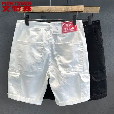 夏季薄款牛仔裤男款潮牌多口袋五分裤子男宽松白色五分裤工装短裤商品大图