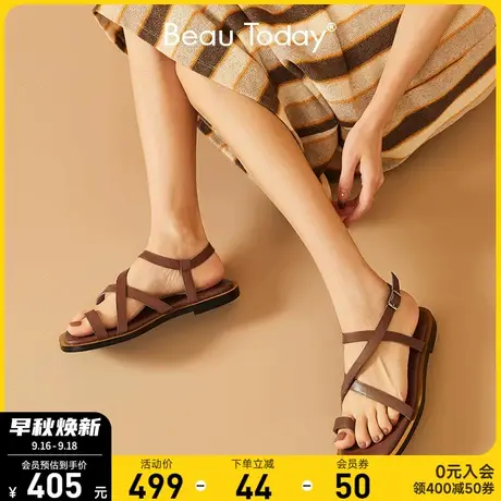 BeauToday罗马凉鞋女ins潮真皮沙滩鞋夹趾方头女鞋复古风小众设计商品大图