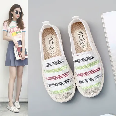 夏季新款蕾丝网布鞋女镂空透气帆布鞋一脚蹬懒人鞋白色平底休闲鞋商品大图