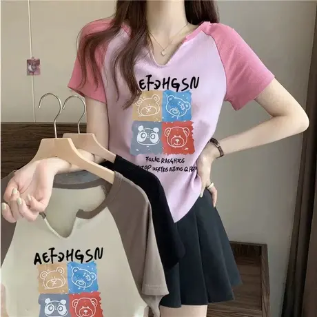大码女装短袖T恤胖MM夏季辣妹纯欲修身设计感小众短款上衣潮200斤商品大图