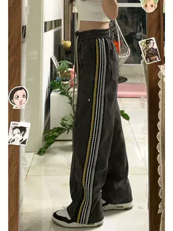 美式设计感休闲运动裤女春秋大码胖mm宽松显瘦直筒阔腿裤子200斤商品大图