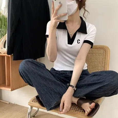 春夏季博主辣妹修身V领显瘦polo衫女复古性感短袖打底针织T恤上衣商品大图