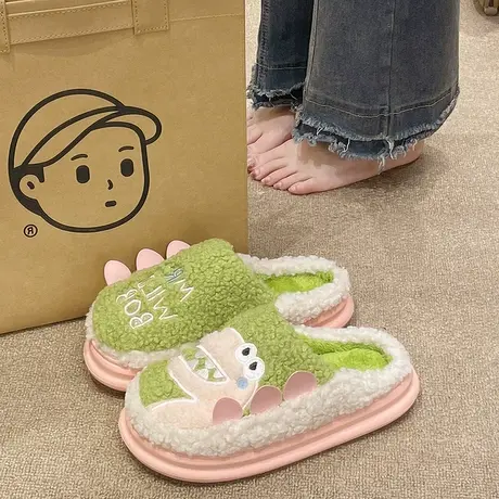 卡通小恐龙棉拖鞋女冬季外穿可爱室内居家保暖毛绒厚底防滑月子鞋图片
