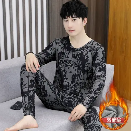 2023新款男士德绒保暖内衣套装加绒加厚打底衫加肥加大码秋衣秋裤商品大图