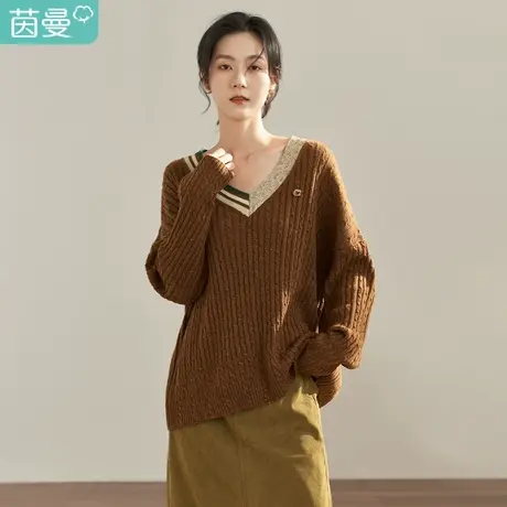 【商场同款】茵曼秋女装新款复古V领撞色花纱宽松套头毛衣商品大图