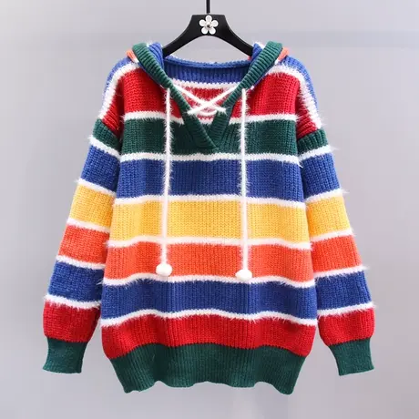 彩色条纹毛球连帽毛衣女秋冬2023新款宽松慵懒风外穿洋气针织衫商品大图