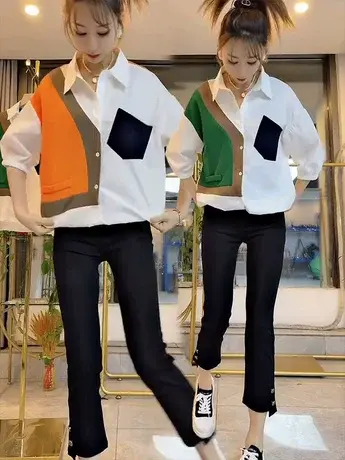 拼接撞色polo领衬衫女装牛仔烟管裤两件套装2023新款短袖上衣衬衣商品大图