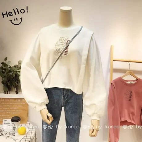 2020秋冬款韩国东大门刺绣亮片短款高腰加绒卫衣小众设计感显瘦潮商品大图
