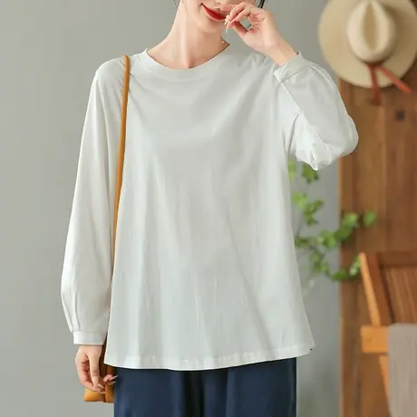 dza 复古纯色全棉长袖T恤女2023春秋内搭宽松打底衫休闲显瘦上衣商品大图