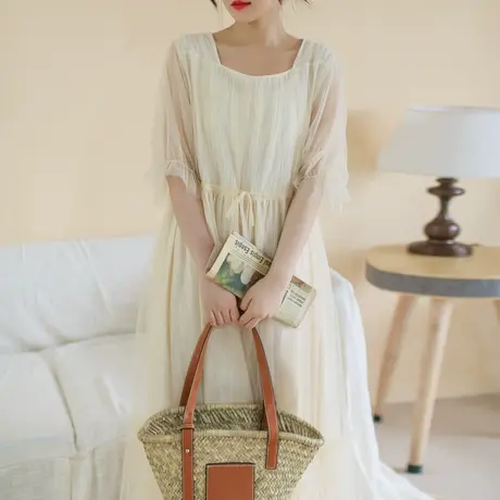 云子胖妹妹夏季2023新款复古宽松仙女网纱连衣裙200斤女商品大图