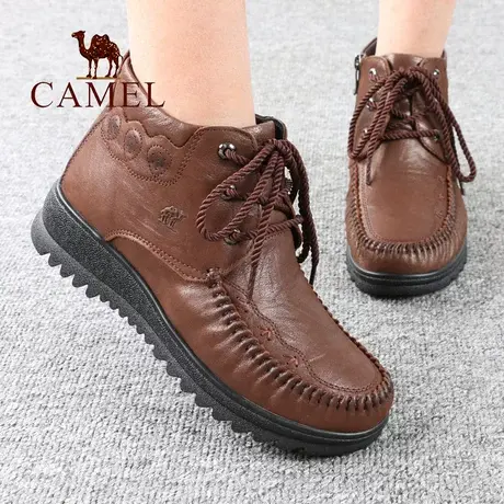 Camel/骆驼女鞋冬季款真牛皮加绒保暖中年高帮舒适休闲妈妈短靴子商品大图