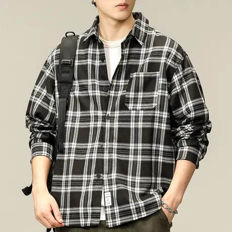 男士长袖格子衬衫男高级感痞帅2023新款宽松衬衣男款秋季百搭上衣商品大图