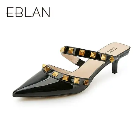 伊伴春夏新款时尚单鞋尖头细跟鞋潮流金属铆钉穆勒鞋包头凉拖鞋女商品大图