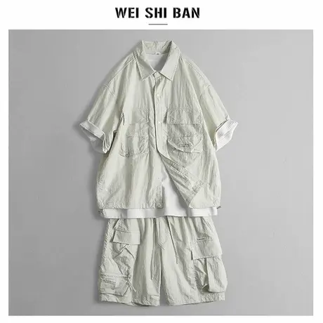 夏季高级感工装一整套装男多口袋短袖外套+短裤港风痞帅宽松上衣商品大图