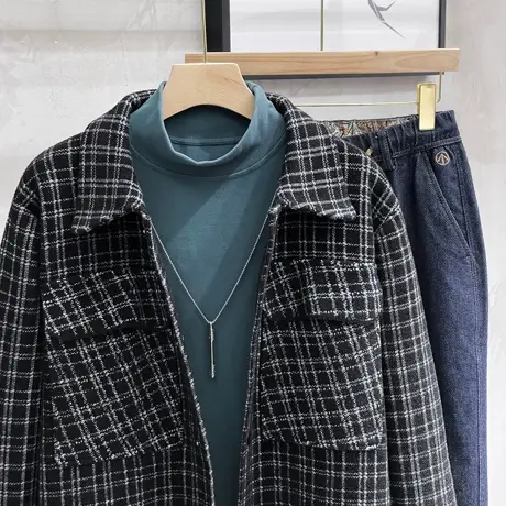 秋冬新款男装格纹翻领毛呢夹克男士潮流格子小香风保暖呢子外套男图片