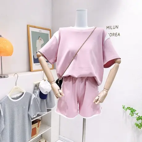 韩国东大门运动休闲套装夏季微胖显瘦遮肉短袖上衣阔腿短裤两件套商品大图