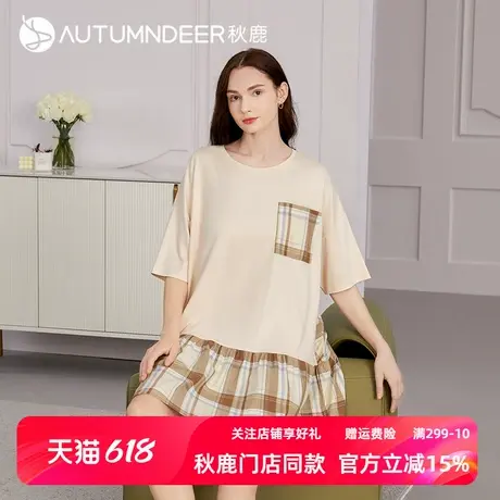 秋鹿睡裙女拼接大格纹家居服夏季短袖薄款纯棉格子外穿睡衣连衣裙商品大图