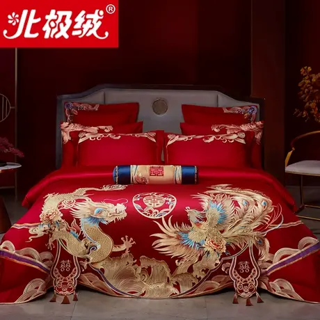 全棉婚庆四件套新婚龙凤刺绣纯棉大红色陪嫁高端中式结婚床上用品商品大图