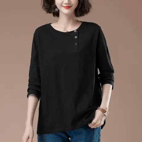 长袖t恤女春秋加肥加大码女装宽松中年妈妈休闲竹节棉上衣打底衫商品大图