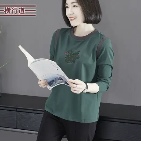 2023冬季新款简约休闲减龄圆领绣花撞色宽松T恤女装长袖显瘦套头图片