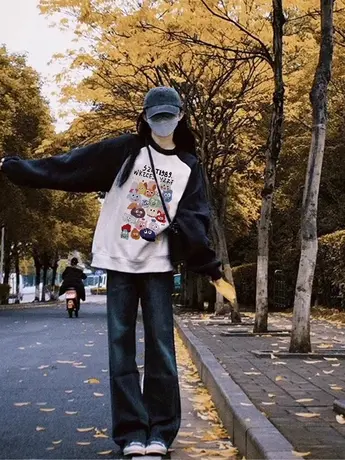 美式复古chic卡通减龄卫衣女大码无帽插肩外套ins潮秋季加绒上衣商品大图