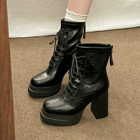 法式粗跟马丁靴女2025新款秋季小个子增高显瘦短筒靴百搭气质靴子商品大图