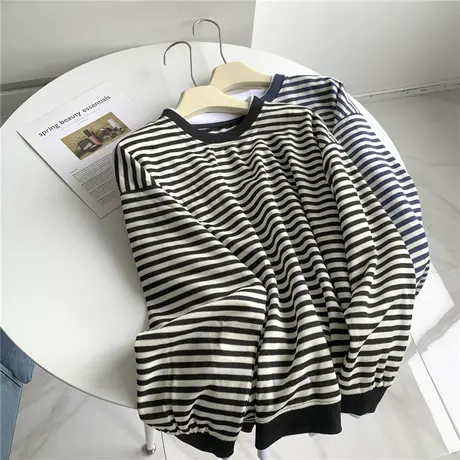 蓝色条纹假两件圆领长袖卫衣女秋季宽松休闲假两件式上衣外套女商品大图