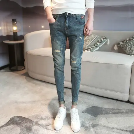 时尚破洞百搭牛仔裤做旧刮烂修身小脚裤男潮青年铅笔裤2023秋冬款商品大图