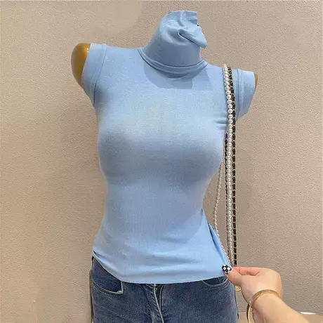 人手一件~收副乳薄款纯色高领无袖背心女紧身性感打底T恤上衣夏新图片