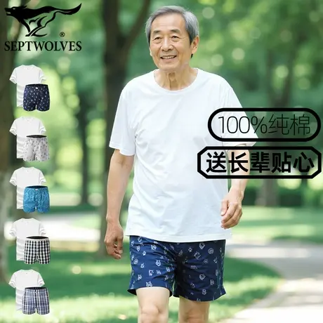 七匹狼2件套家居服套装纯棉男短袖短裤透气阿罗裤老年T恤全棉睡衣商品大图