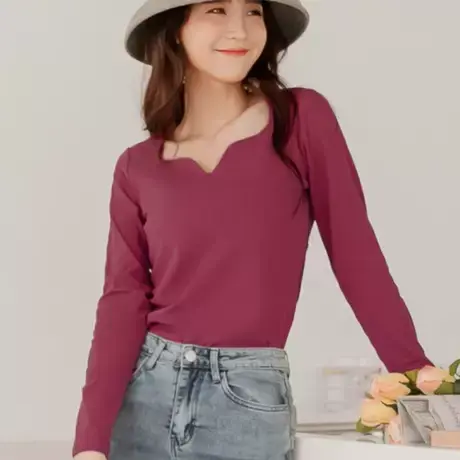 桔熊春秋季舒适打底衫弹力设计感方领上衣女装胖妹妹大码AB16086图片