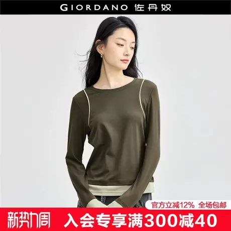 佐丹奴长袖T恤女新款假两件上衣时尚撞色拼接圆领套头衫18324625商品大图