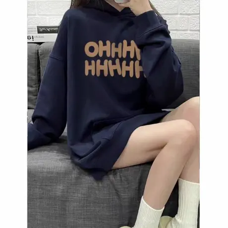 黑色连帽卫衣女装秋冬大码穿搭宽松中长款遮屁股加绒加厚印花外套商品大图