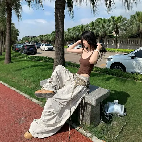美式复古设计感叠穿绑带直筒休闲裤女春秋新款休闲运动风阔腿长裤商品大图