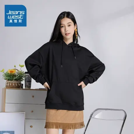LE真维斯春秋季男女同款落肩连帽长袖卫衣纯色休闲宽松情侣款衣服商品大图