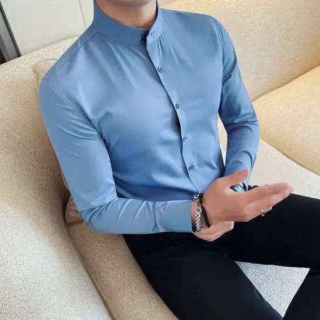 立领无痕衬衫男长袖2025新款秋冬休闲松弛感衬衣质感丝滑西服打底商品大图