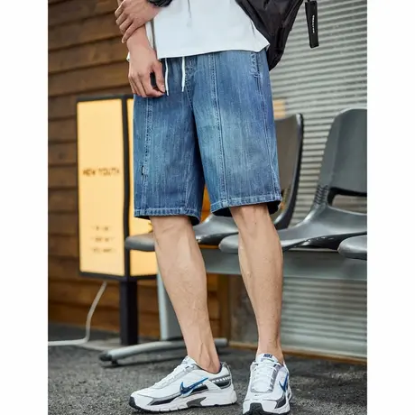 唐狮25春夏季新款男牛仔短裤宽松水洗抽绳磨白潮流时尚五分裤男图片