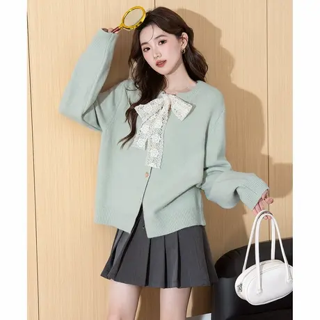唐狮秋冬毛衣女蕾丝系带蝴蝶结圆领针织开衫女春秋外套高级感tu图片