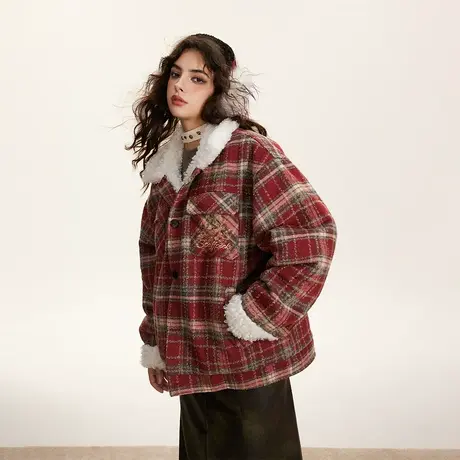冬季羊羔毛外套女加厚2023年新款红格子棉服ins潮牌复古宽松棉衣图片