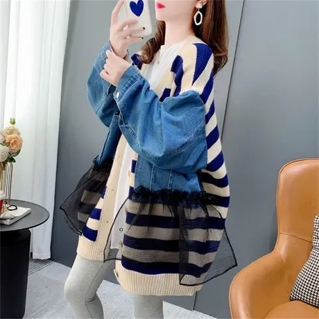 中长款拼接毛衣开衫女秋季2022年新款宽松设计感洋气减龄针织外套商品大图