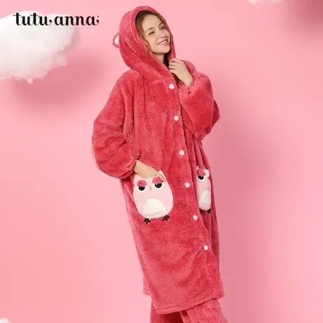 tutuanna秋冬家居服睡衣女萌耳朵系列前扣加厚羊羔绒超大版外套商品大图