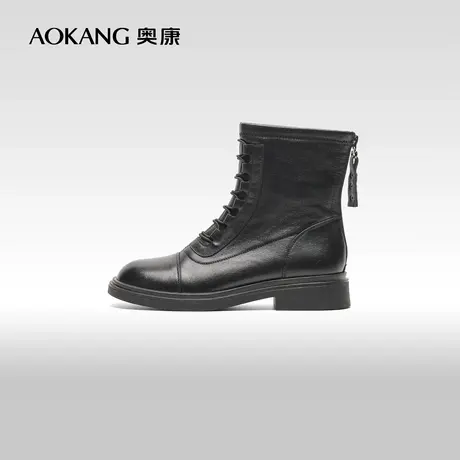 奥康女鞋 冬季款瘦瘦靴真皮后拉链马丁靴舒适中筒时装靴女靴商品大图