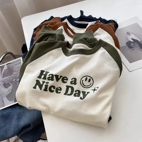 bf慵懒风纯棉长袖T恤女春秋季宽松百搭字母印花撞色插肩袖上衣潮商品大图