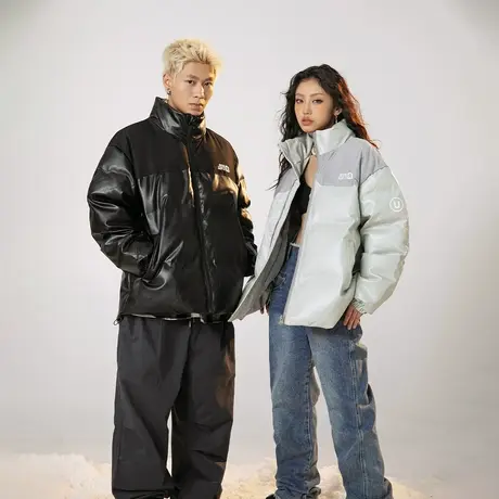 潮牌美式复古拼接PU皮棉服女冬季加厚外套2023新款情侣装宽松棉衣商品大图