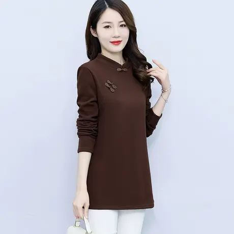 加绒加厚中长款打底衫女2023冬季新款中式中式立领盘扣时尚女上衣商品大图