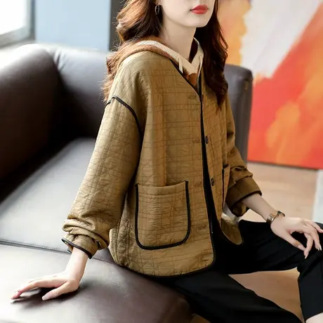 宝诗黎V领宽松格子保暖棉衣落肩单排扣韩版百搭设计感秋夹棉外套商品大图